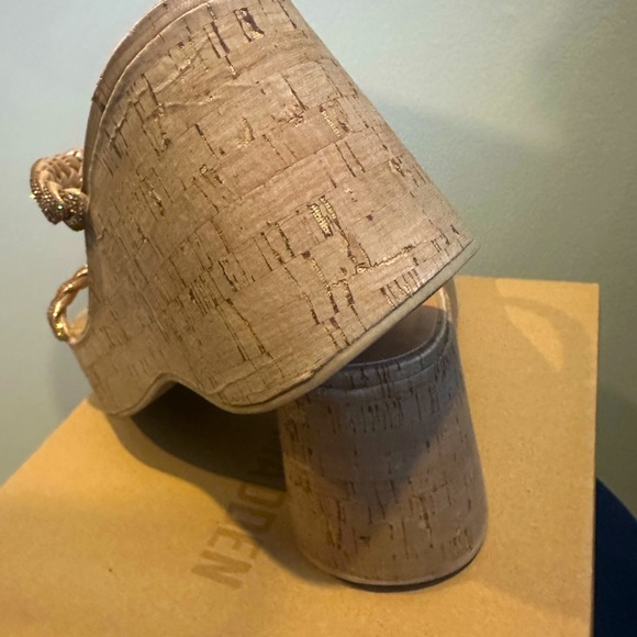 Steve Madden Danya Cork Wedge Sandals Bronze Rhinestone Braided Straps - Picture 9 of 11